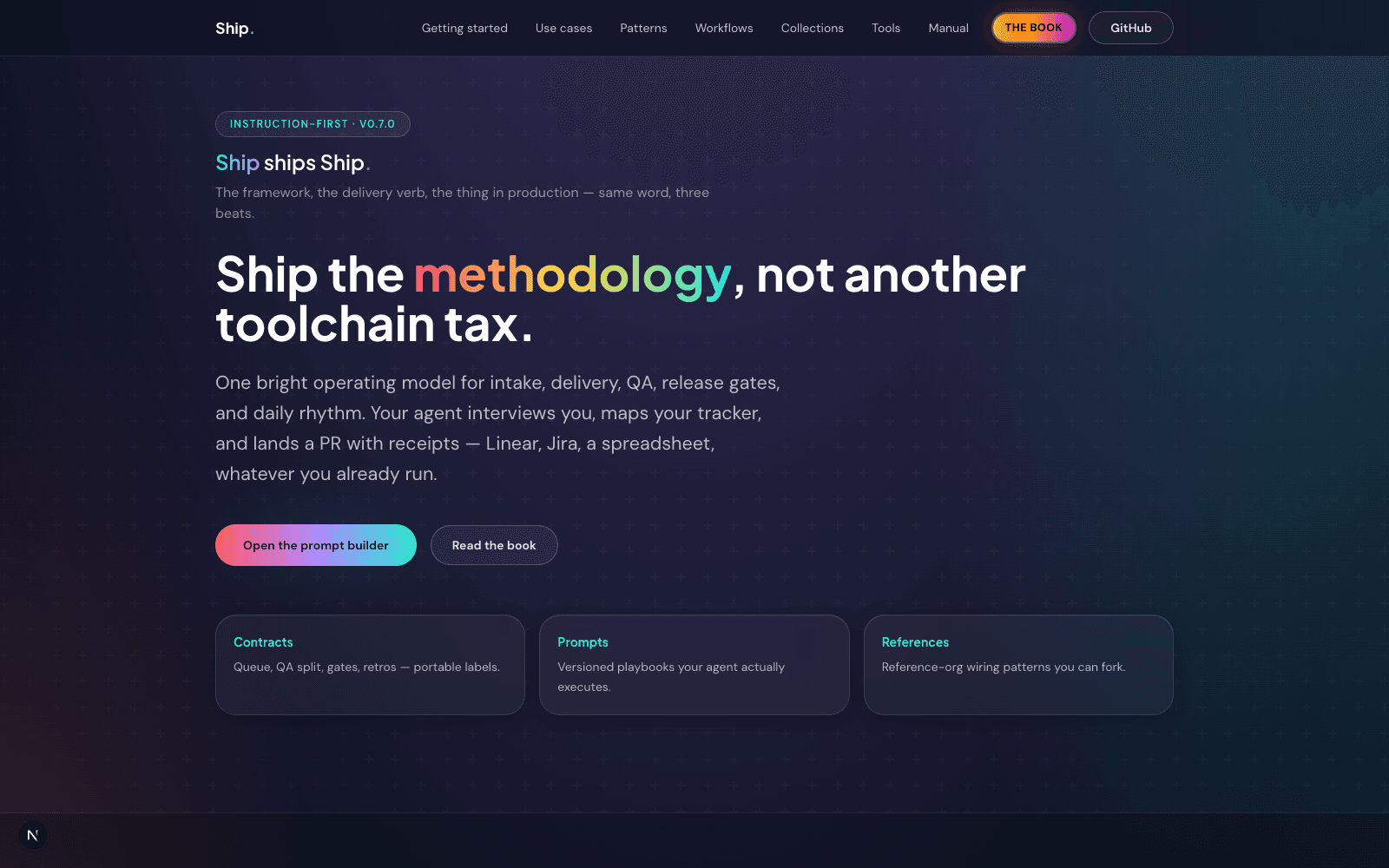 Ship marketing home — hero and pillars